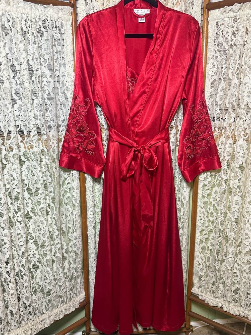 Vintage Morgan Taylor Intimates Ruby Red Satin Slip Dress + Matching Robe Set